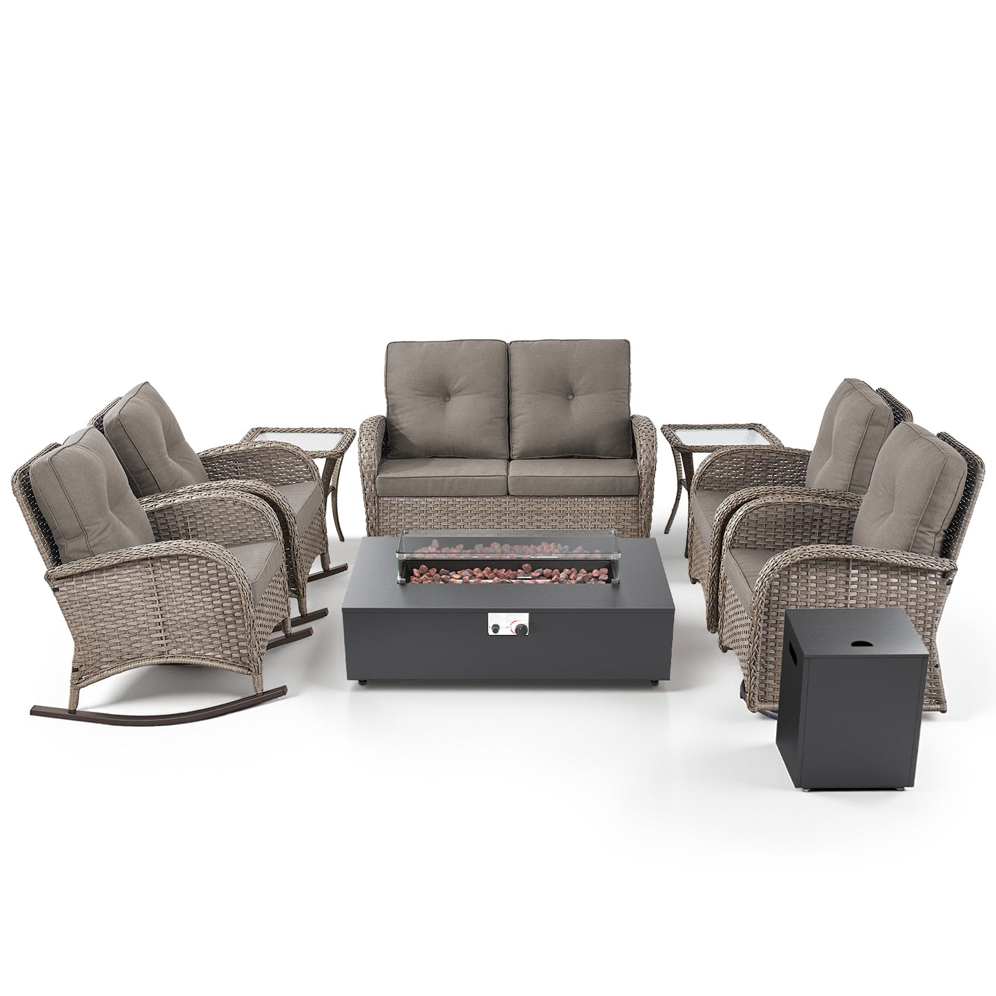 Outdoor Cozy Retreat: 8PC Set with Glider Loveseat, Swivel & Rocking Chairs, Side Tables, Split Fire Pit, NDS Series