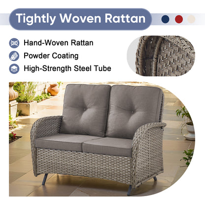 Outdoor Cozy Retreat: 8PC Set with Glider Loveseat, Swivel & Rocking Chairs, Side Tables, Split Fire Pit, NDS Series