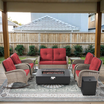 Outdoor Cozy Retreat: 8PC Set with Glider Loveseat, Swivel & Rocking Chairs, Side Tables, Split Fire Pit, NDS Series