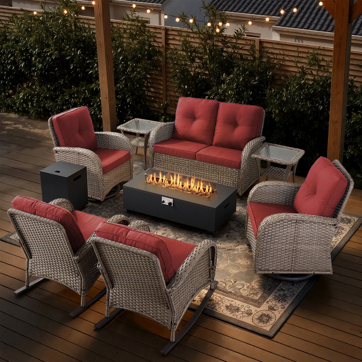 Outdoor Cozy Retreat: 8PC Set with Glider Loveseat, Swivel & Rocking Chairs, Side Tables, Split Fire Pit, NDS Series