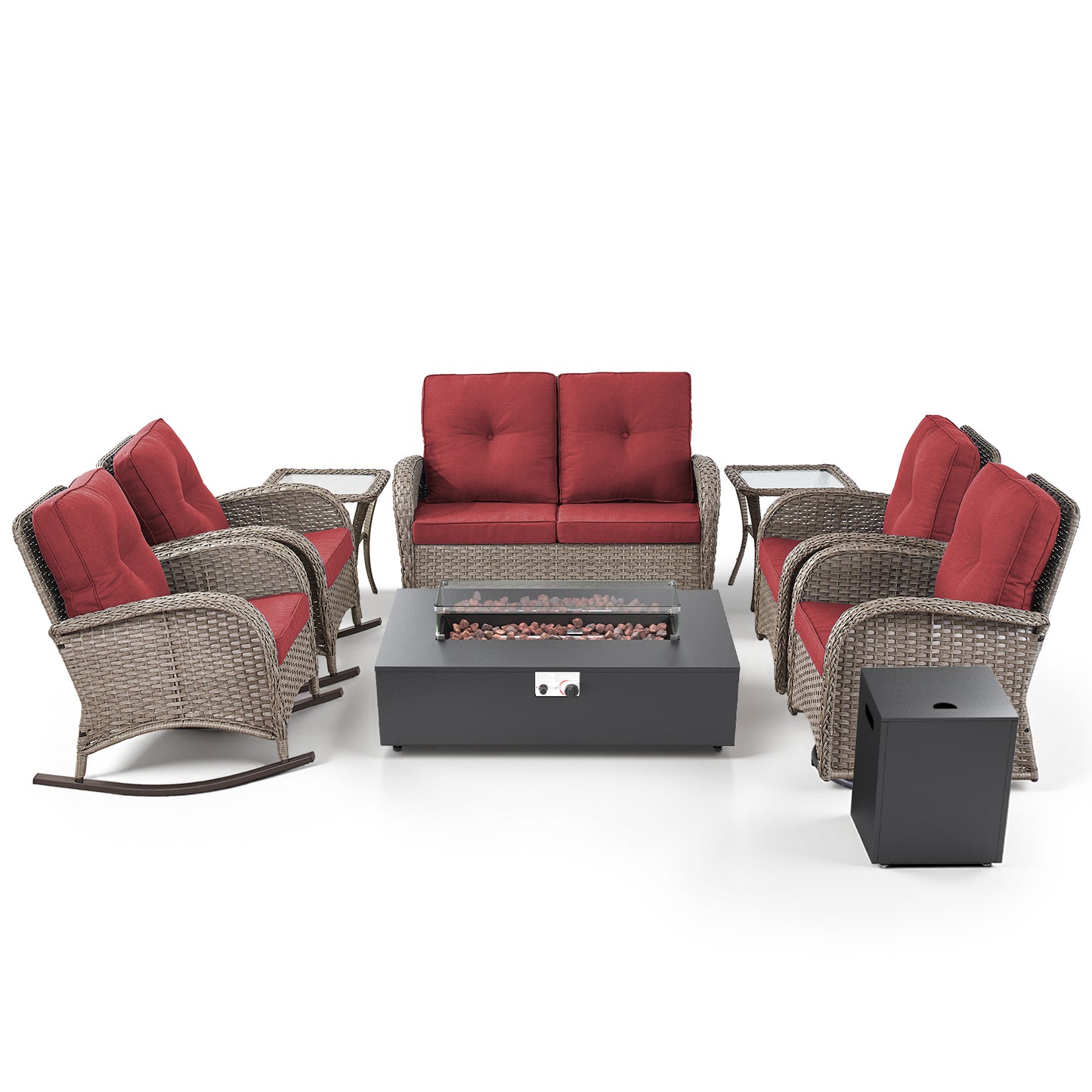 Outdoor Cozy Retreat: 8PC Set with Glider Loveseat, Swivel & Rocking Chairs, Side Tables, Split Fire Pit, NDS Series