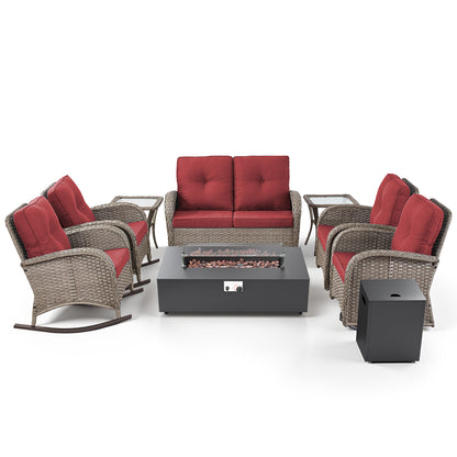 Outdoor Cozy Retreat: 8PC Set with Glider Loveseat, Swivel & Rocking Chairs, Side Tables, Split Fire Pit, NDS Series