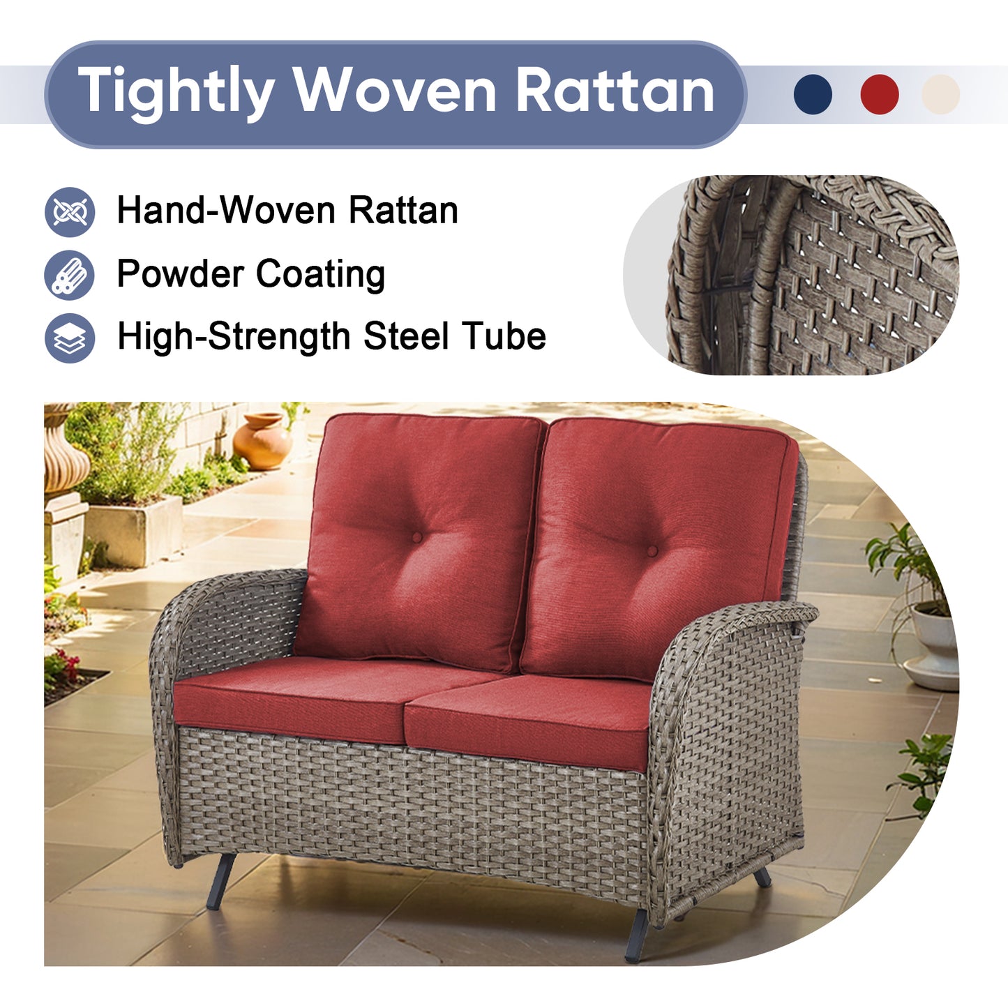 Outdoor Cozy Retreat: 8PC Set with Glider Loveseat, Swivel & Rocking Chairs, Side Tables, Split Fire Pit, NDS Series