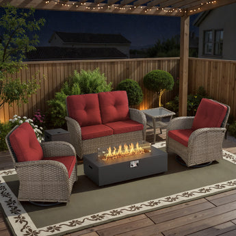 Outdoor Patio Conversation Set for Relaxing & Fire Warmth with Glider Loveseat, Swivel Chairs, and Fire Pit, NDS Series