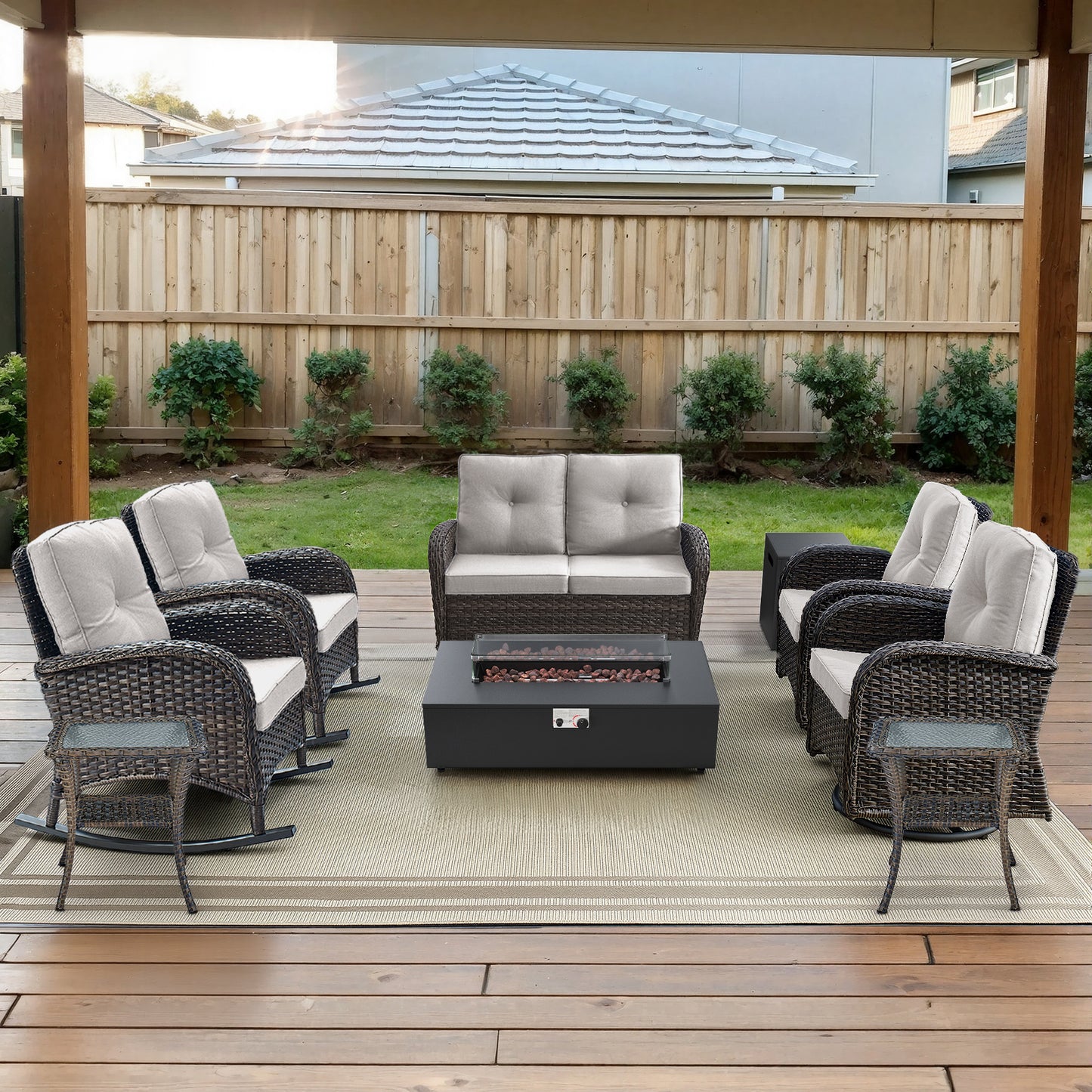 Outdoor Cozy Retreat: 8PC Set with Glider Loveseat, Swivel & Rocking Chairs, Side Tables, Split Fire Pit, NDS Series