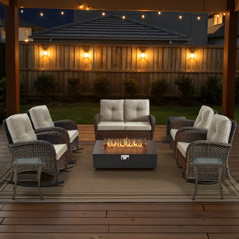 Outdoor Cozy Retreat: 8PC Set with Glider Loveseat, Swivel & Rocking Chairs, Side Tables, Split Fire Pit, NDS Series