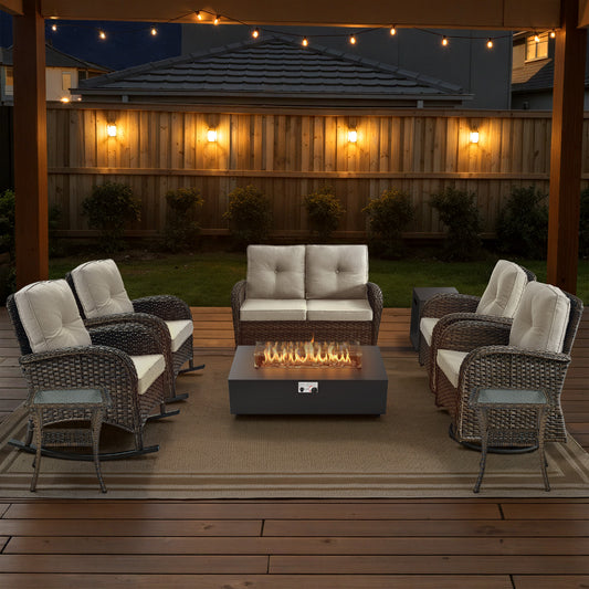 Outdoor Cozy Retreat: 8PC Set with Glider Loveseat, Swivel & Rocking Chairs, Side Tables, Split Fire Pit, NDS Series