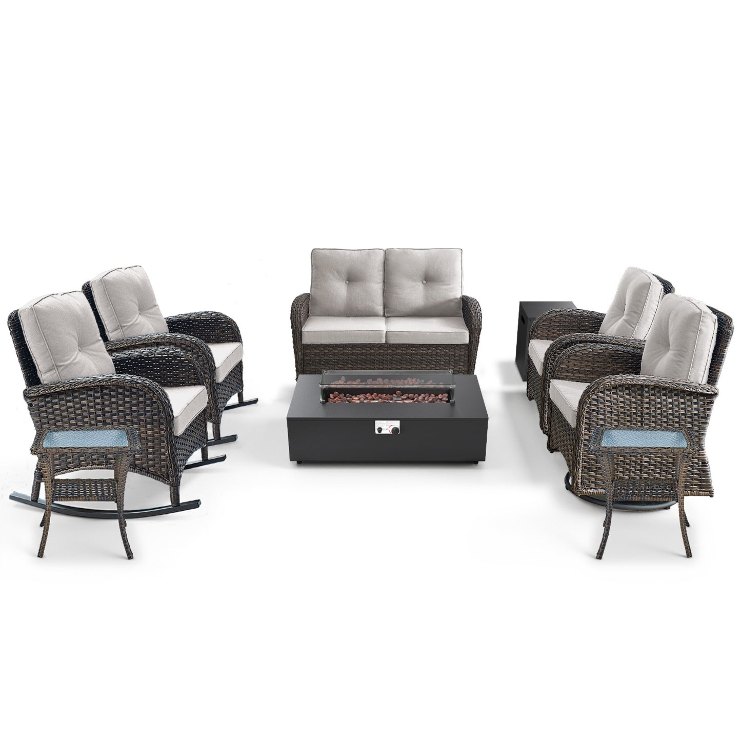 Outdoor Cozy Retreat: 8PC Set with Glider Loveseat, Swivel & Rocking Chairs, Side Tables, Split Fire Pit, NDS Series