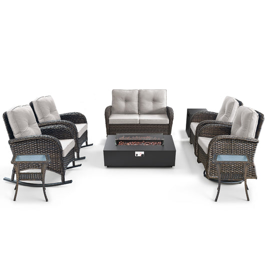 Outdoor Cozy Retreat: 8PC Set with Glider Loveseat, Swivel & Rocking Chairs, Side Tables, Split Fire Pit, NDS Series