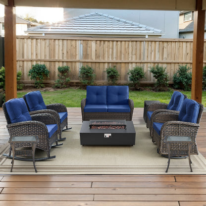 Outdoor Cozy Retreat: 8PC Set with Glider Loveseat, Swivel & Rocking Chairs, Side Tables, Split Fire Pit, NDS Series