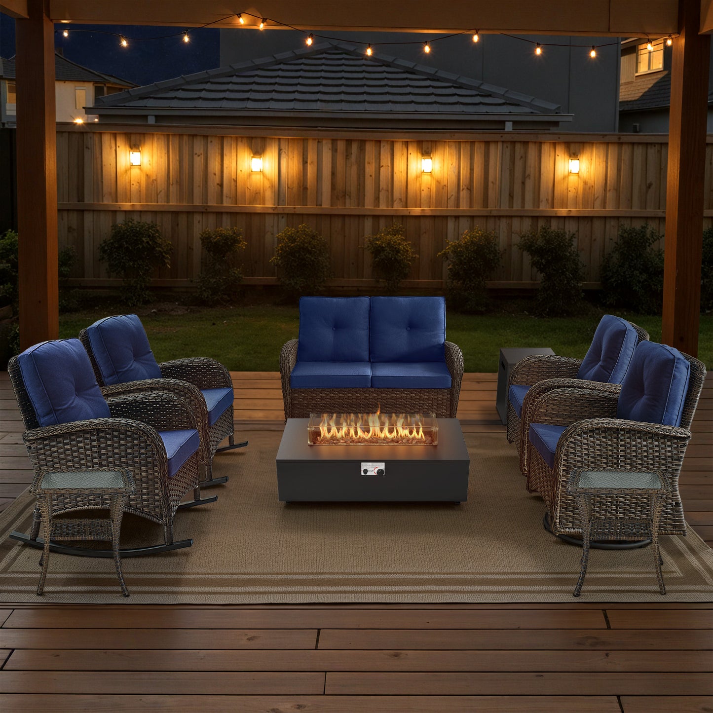 Outdoor Cozy Retreat: 8PC Set with Glider Loveseat, Swivel & Rocking Chairs, Side Tables, Split Fire Pit, NDS Series