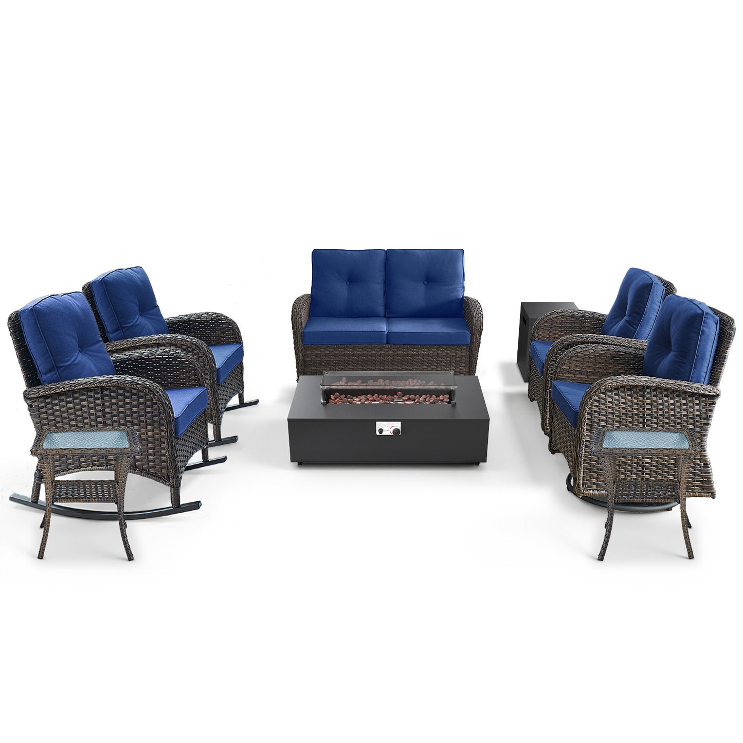 Outdoor Cozy Retreat: 8PC Set with Glider Loveseat, Swivel & Rocking Chairs, Side Tables, Split Fire Pit, NDS Series