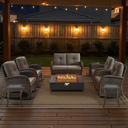 Outdoor Cozy Retreat: 8PC Set with Glider Loveseat, Swivel & Rocking Chairs, Side Tables, Split Fire Pit, NDS Series