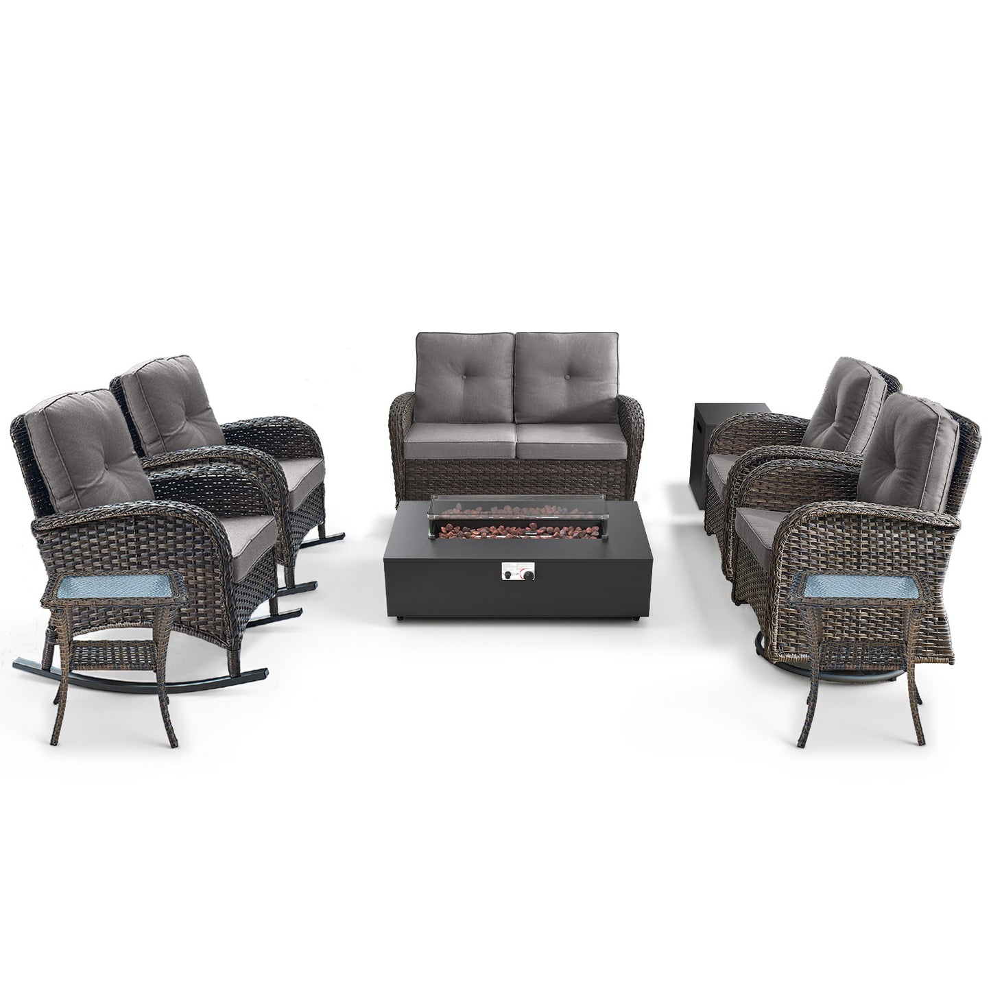 Outdoor Cozy Retreat: 8PC Set with Glider Loveseat, Swivel & Rocking Chairs, Side Tables, Split Fire Pit, NDS Series