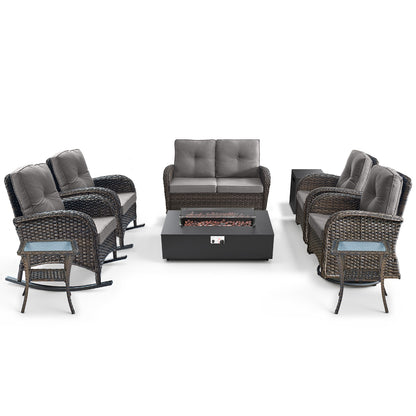 Outdoor Cozy Retreat: 8PC Set with Glider Loveseat, Swivel & Rocking Chairs, Side Tables, Split Fire Pit, NDS Series