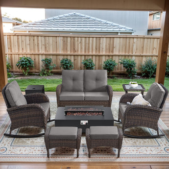 7PC Patio Conversation Set with Fire Pit, Double Glider Chair, 2 Rocking Chairs, Side Table & 2 Ottomans, NDS Series