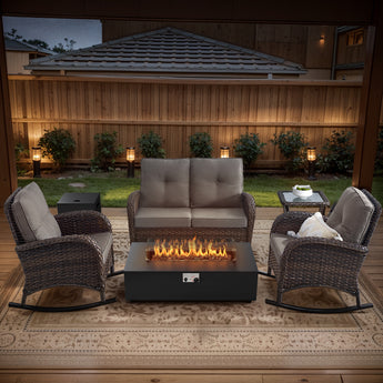 5PC Patio Conversation Set with Fire Pit, Double Glider Chair, 2 Rocking Chairs & Side Table, NDS Series