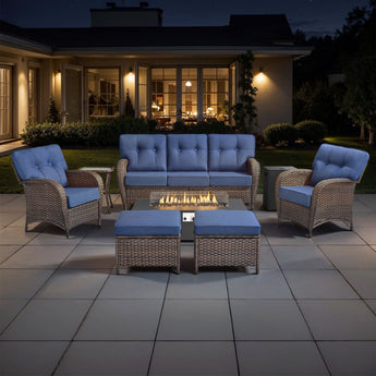 Set of 7 Belord outdoor patio T-Back chairs with fire pit table from the T Series, featuring stylish metal frames and cozy fire feature.