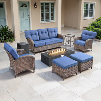 7PC Outdoor Patio Conversation Set with Fire Pit & Ottomans, Wicker Sofa and Chairs, 5-Inch Thick Cushions for Garden & Deck, T Series