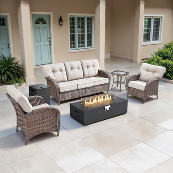 5-Piece Patio Sofa Set with Fire Pit, 3-Seat Sofa & 2 Chairs, All-Weather Wicker with 5'' Thick Cushions for Backyard, T Series