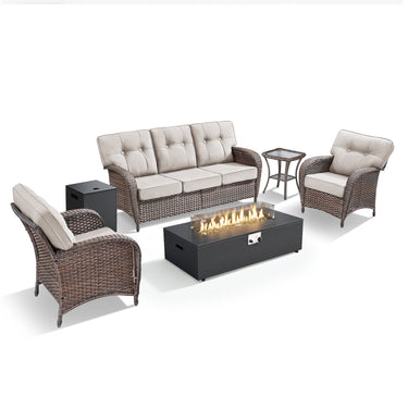 5-Piece Patio Sofa Set with Fire Pit, 3-Seat Sofa & 2 Chairs, All-Weather Wicker with 5'' Thick Cushions for Backyard, T Series
