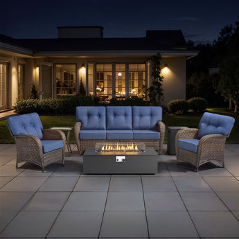 Set of five Belord outdoor patio T-back chairs with fire pit table from the T Series, designed for stylish outdoor seating and warmth.
