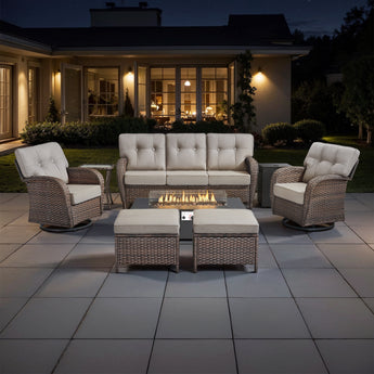 7PC Premium Patio Sofa Set with Fire Pit & Swivel Chairs, Hand-Woven Wicker with 5-Inch Cushions, T Series