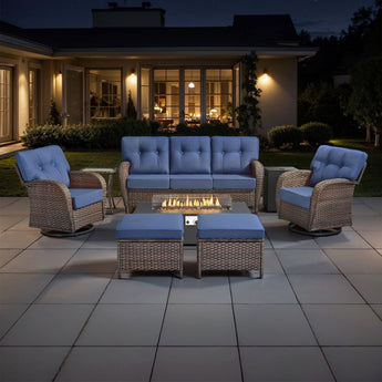 Seven Belord outdoor swivel patio T-back chairs with fire pit table from the T Series, shown around a modern fire pit for outdoor gatherings.