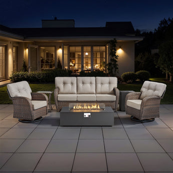 5PC Premium Patio Sofa Set with Fire Pit & Swivel Chairs, Hand-Woven Wicker with 5-Inch Cushions, T Series