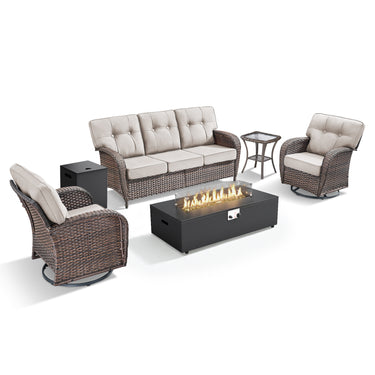 5PC Premium Patio Sofa Set with Fire Pit & Swivel Chairs, Hand-Woven Wicker with 5-Inch Cushions, T Series