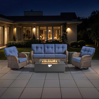 Set of five Belord outdoor swivel T-back patio chairs with a fire pit table from the T Series, ideal for outdoor seating and relaxation.