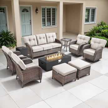 9-Piece Outdoor Patio Set with Fire Pit, Swivel Chairs, Ottomans & Sofa, Deep Seating with 5'' Cushions, T Series