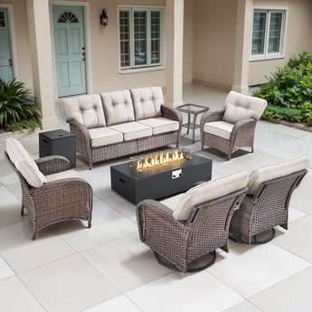 7PC Patio Conversation Set with Fire Pit, Swivel Chairs & Sofa, All-Weather Wicker with 5-Inch Thick Cushions, T Series