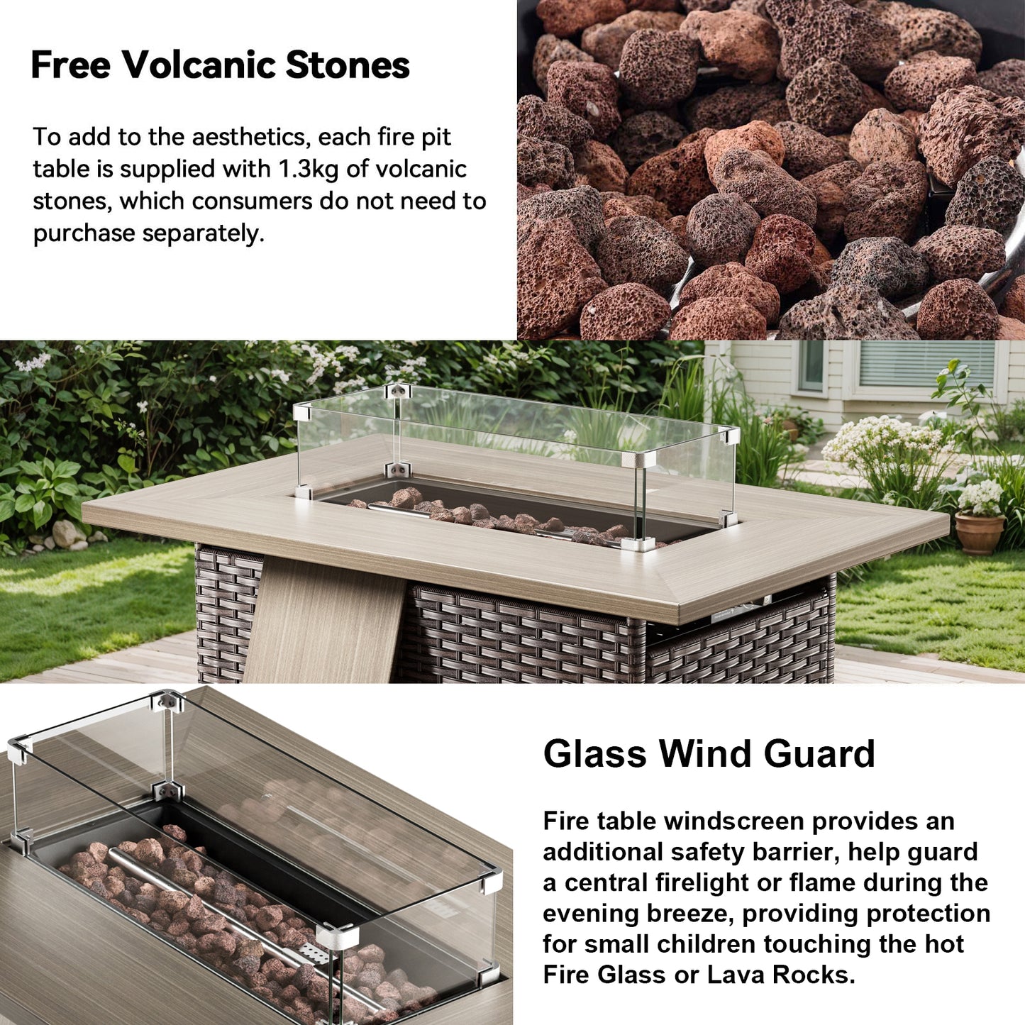 6-Piece Fire Pit Set with Swivel Chairs: Sofa, 2 Swivel Chairs, 2 Ottomans & Long Grey Rattan Fire Pit, FG Series