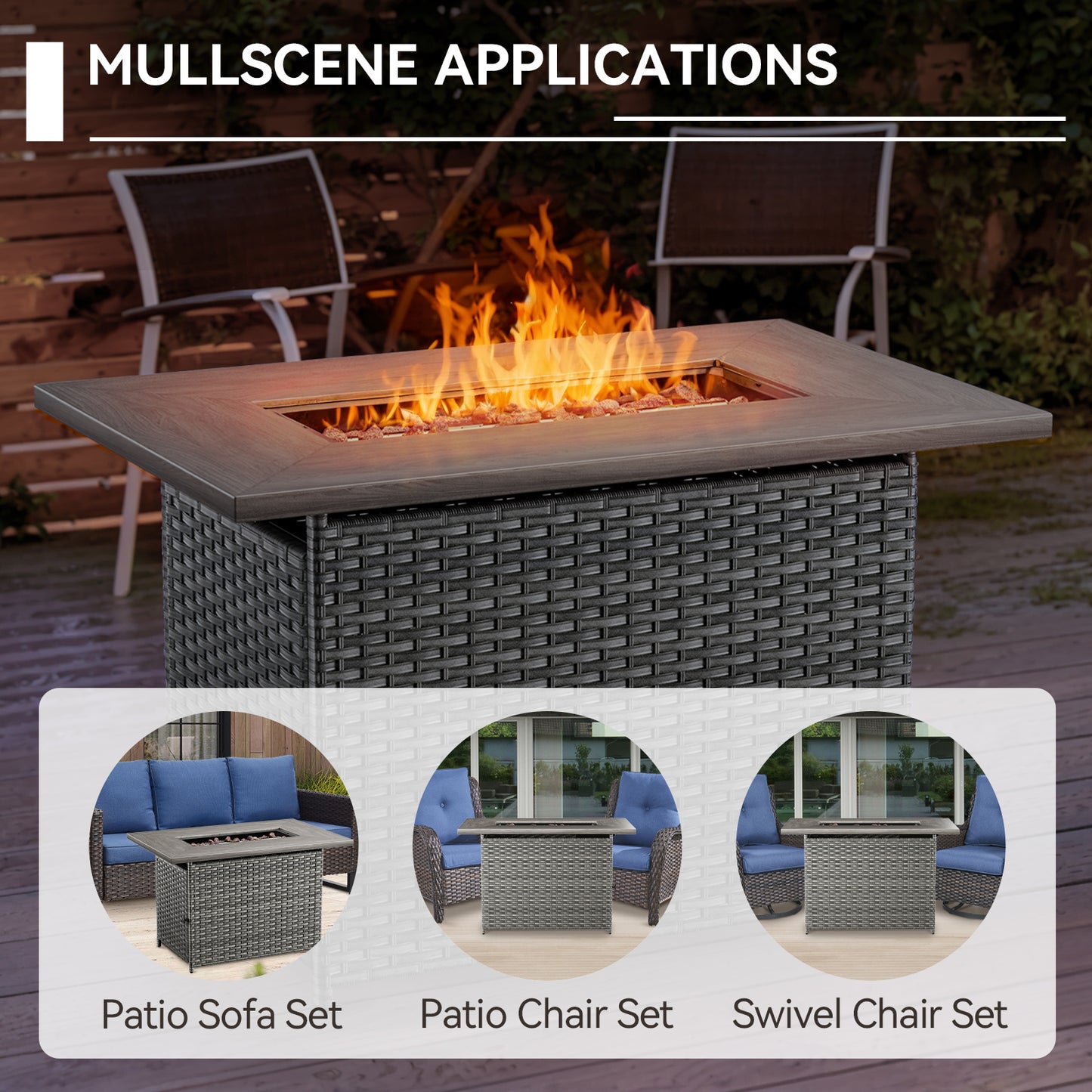 6-Piece Fire Pit Set with Swivel Chairs: Sofa, 2 Swivel Chairs, 2 Ottomans & Long Grey Rattan Fire Pit, FG Series