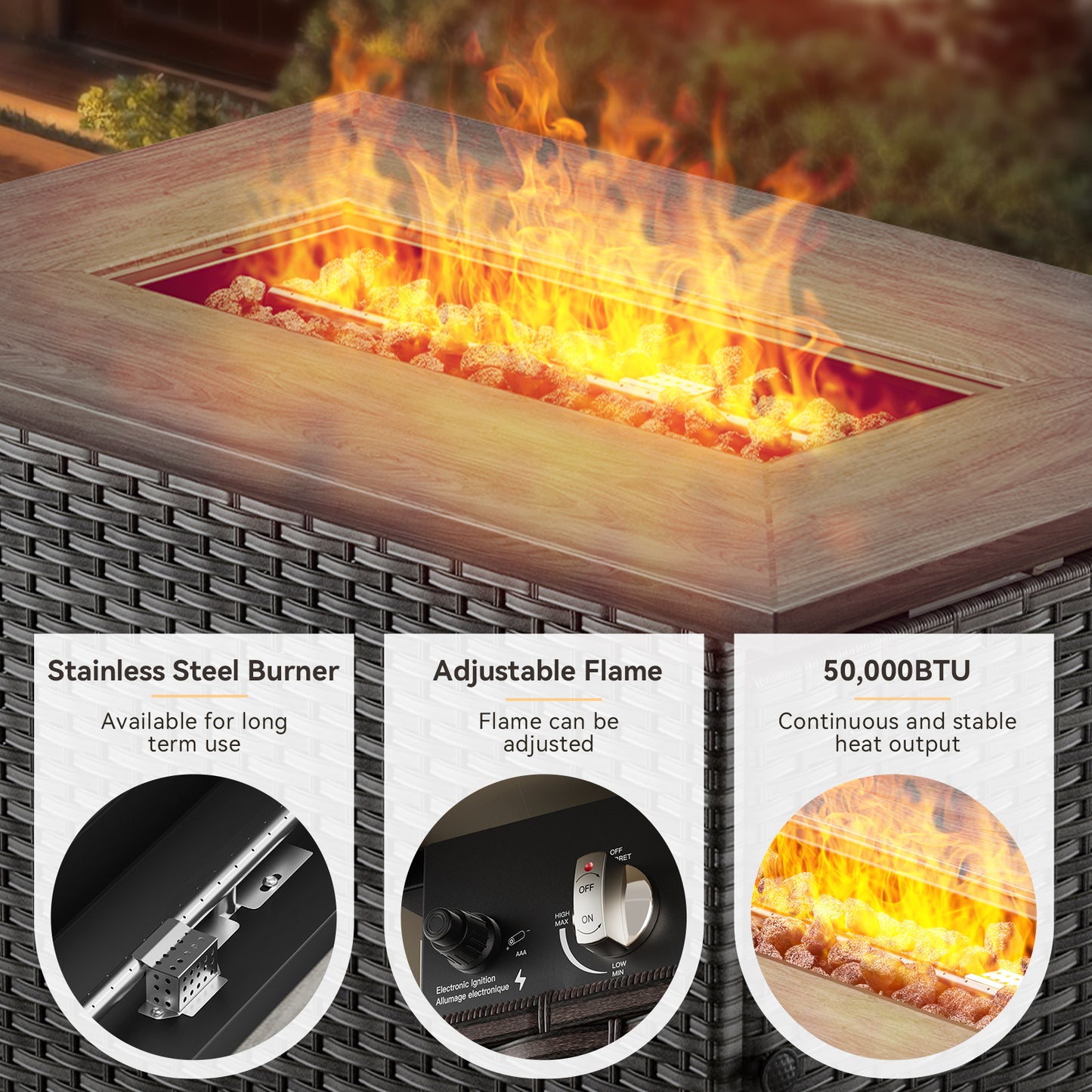 6-Piece Fire Pit Gathering Set: Sofa, 2 Chairs, Ottoman & Long Grey Rattan Hearth, FG Series