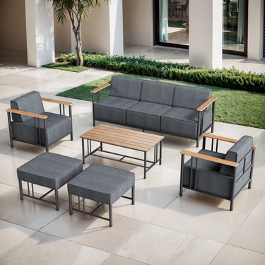 Belord 6-piece patio set with sofa, swivel chairs, and ottomans from the BINGLI Series, featuring outdoor seating and table.