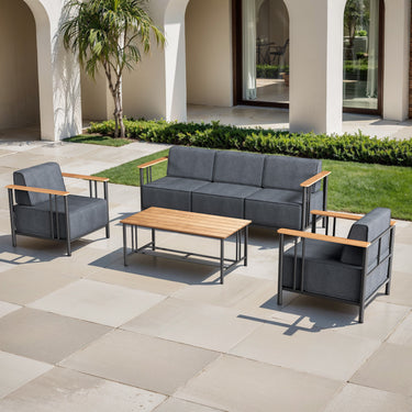 Belord 4-piece patio conversation set with sofa, two chairs, and coffee table from the BINGLI Series, featuring modern outdoor furniture.