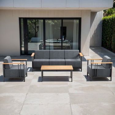 Belord 4-piece patio conversation set with sofa, two chairs, and coffee table from the BINGLI Series, outdoor furniture for relaxing.