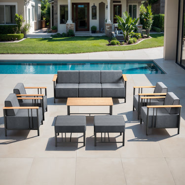 Belord BINGLI 8-piece outdoor patio furniture set with matching cushions, stylish outdoor furniture for backyard or patio space.