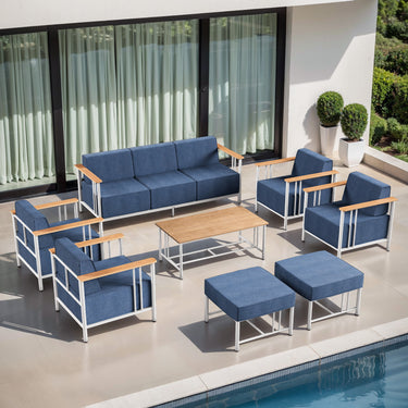 Belord 8-piece outdoor patio furniture set with white cushions, featuring a modern design and sturdy metal frames.