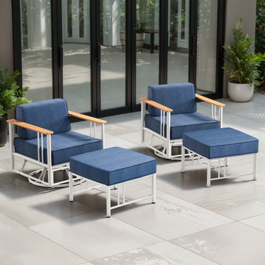 Belord 4-piece patio set with two swivel chairs and two ottomans from the BINGLI Series, featuring white cushions and metal frames.