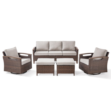 Belord 5-piece patio sofa set with swivel chairs and ottomans from the BBR Series, featuring cushioned seats and stylish outdoor design.