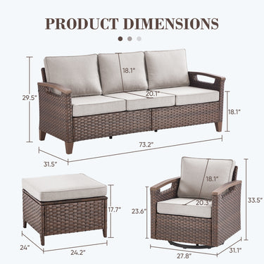 Belord 5-piece patio sofa set with swivel chairs and ottomans from the BBR Series, featuring cushioned seating and modern outdoor design.