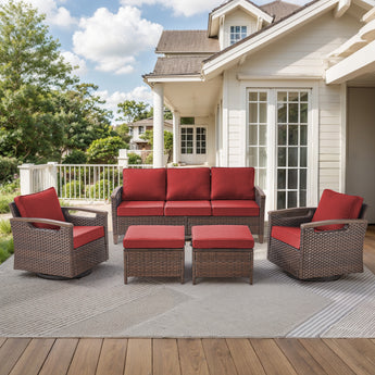 Belord 5-piece patio sofa set with swivel chairs and ottomans from the BBR Series, featuring comfortable outdoor seating and cushions.