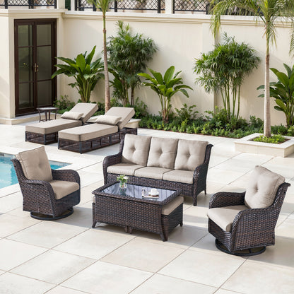 9-Piece Wicker Patio Lounge Set – Sofa, 2 Swivel Rocker Chairs, Coffee Table, 2 Ottomans, 2 Adjustable Chaise Lounges & Side Table, NTC Series