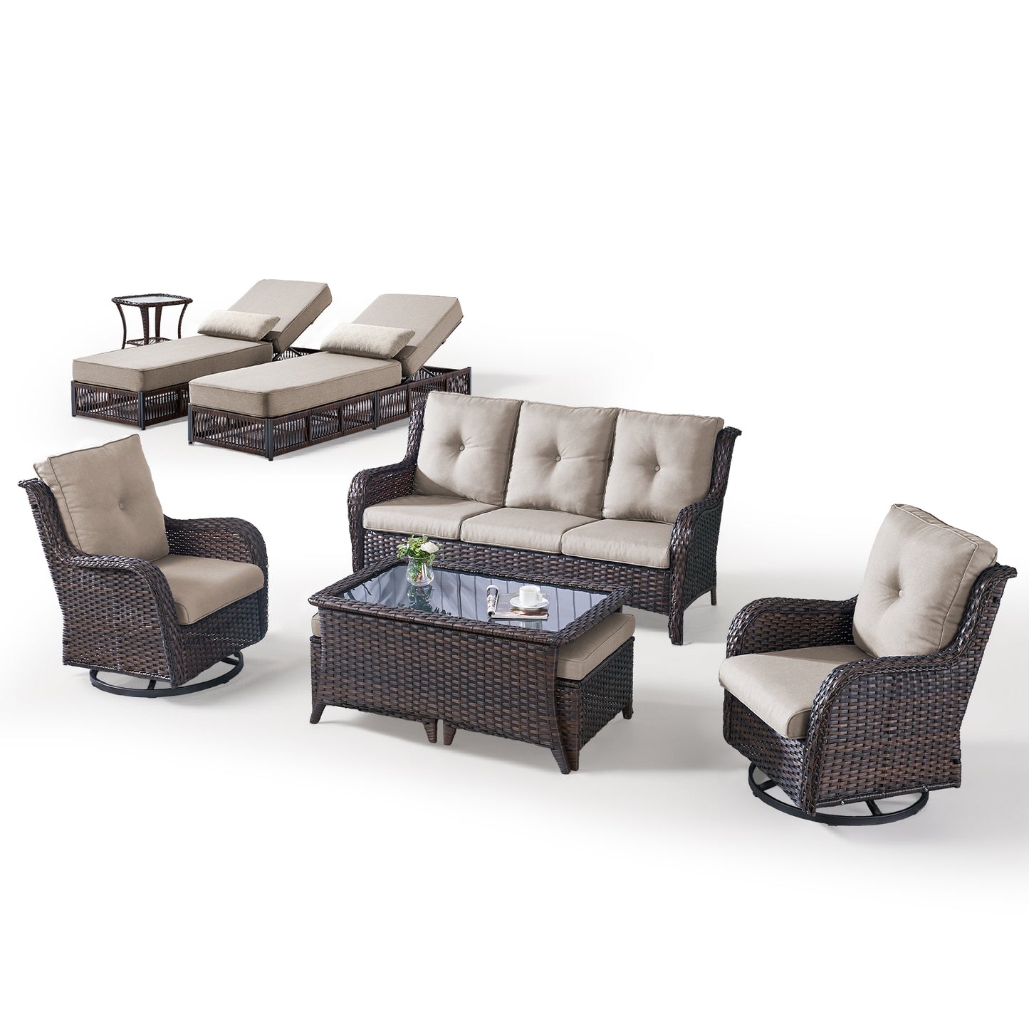 9-Piece Wicker Patio Lounge Set – Sofa, 2 Swivel Rocker Chairs, Coffee Table, 2 Ottomans, 2 Adjustable Chaise Lounges & Side Table, NTC Series
