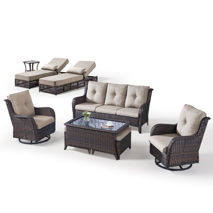 9-Piece Wicker Patio Lounge Set – Sofa, 2 Swivel Rocker Chairs, Coffee Table, 2 Ottomans, 2 Adjustable Chaise Lounges & Side Table, NTC Series