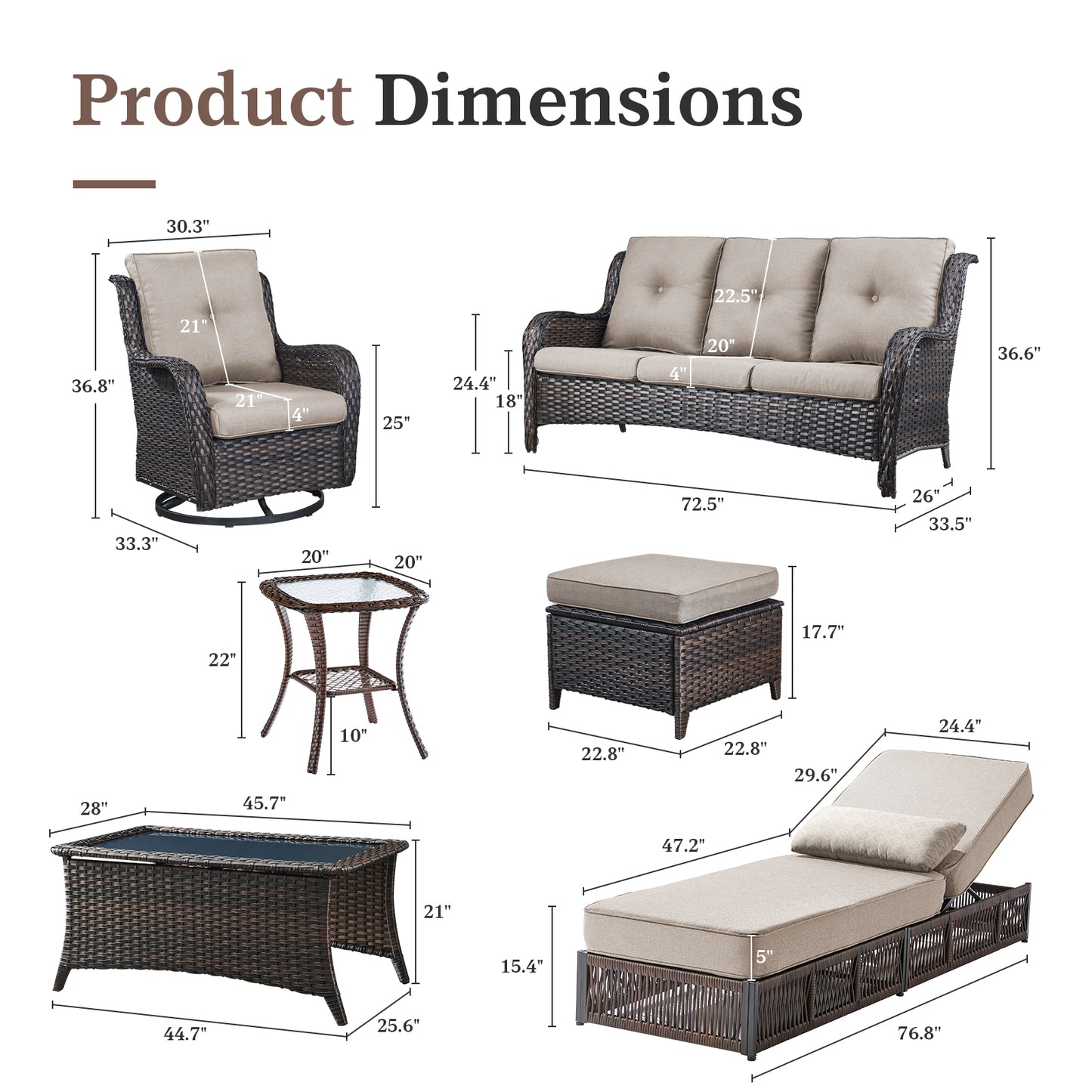 9-Piece Wicker Patio Lounge Set – Sofa, 2 Swivel Rocker Chairs, Coffee Table, 2 Ottomans, 2 Adjustable Chaise Lounges & Side Table, NTC Series