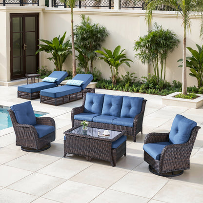 9-Piece Wicker Patio Lounge Set – Sofa, 2 Swivel Rocker Chairs, Coffee Table, 2 Ottomans, 2 Adjustable Chaise Lounges & Side Table, NTC Series